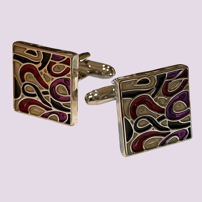 Bassin and Brown Aaron Geometric Swirl Enamel Cufflinks  - Wine, Purple, Black and Silver