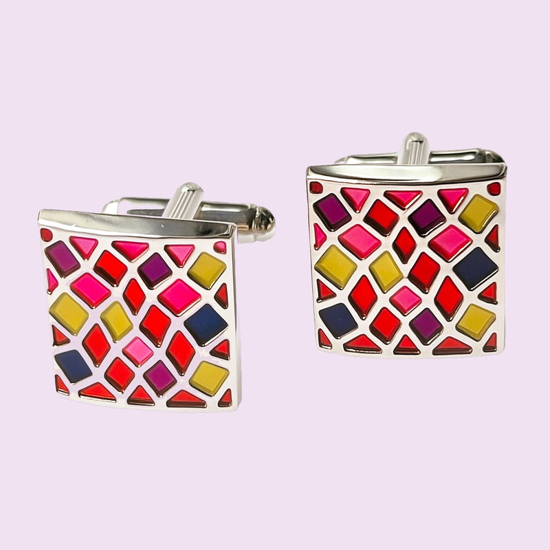 Bassin and Brown Chieveley Jagged Diamond Enamel Cufflinks – Purple, Red, Yellow and Pink