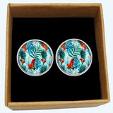 Bassin and Brown Exotic Flowers and Leaves Cufflinks  - Blue, Red and Green