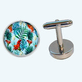 Bassin and Brown Exotic Flowers and Leaves Cufflinks  - Blue, Red and Green