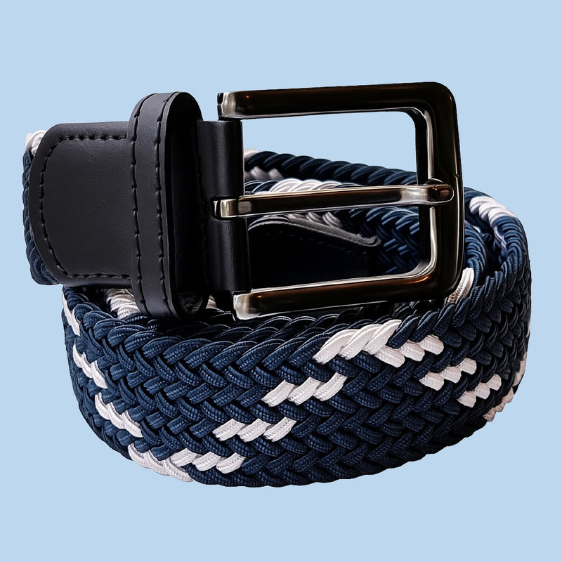 Bassin and Brown Whiteside Cross Stripe Woven Elasticated Belt - Blue and White
