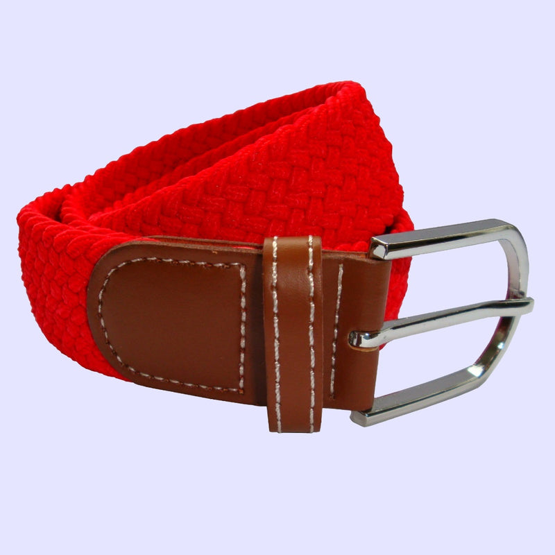 Bassin and Brown Plain Woven Fabric Elasticated - Silver Toned Buckle Belt - Red