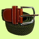 Bassin and Brown Plain Elasticated Woven Belt - Silver Toned Buckle - Khaki Green