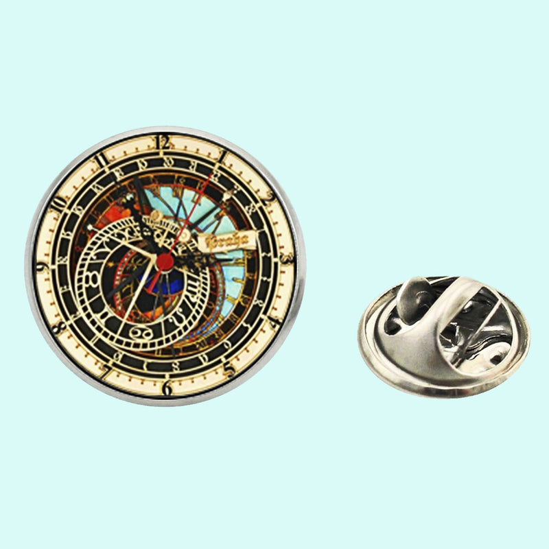 Bassin and Brown Astronomical Clock Lapel Pin - Mint, Orange, Black and Gold