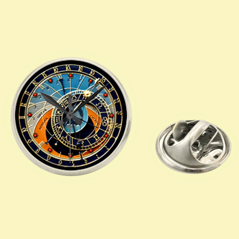 Bassin and Brown Astronomical Clock Lapel Pin  - Blue.Navy.Orange.Grey