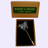 Bassin and Brown Butterfly Jacket Lapel Pin - Blue and Red
