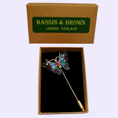 Bassin and Brown Butterfly Jacket Lapel Pin - Blue and Red