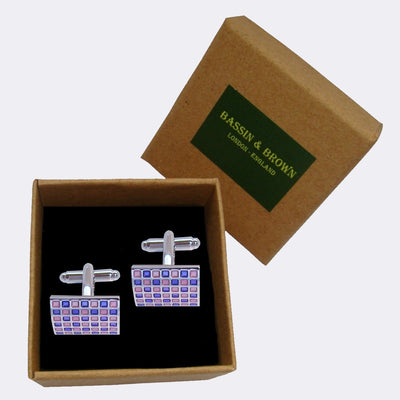 Bassin and Brown Curved Checkerboard Enamel Cufflinks - Lilac, Purple and Silver