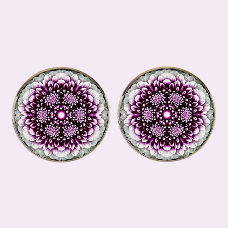 Bassin and Brown Mandala Flower Spray Cufflinks - Purple and White