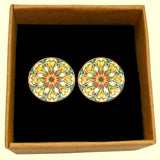 Bassin and Brown Kaleidoscope Flower Spray Cufflinks- Green, White and Orange
