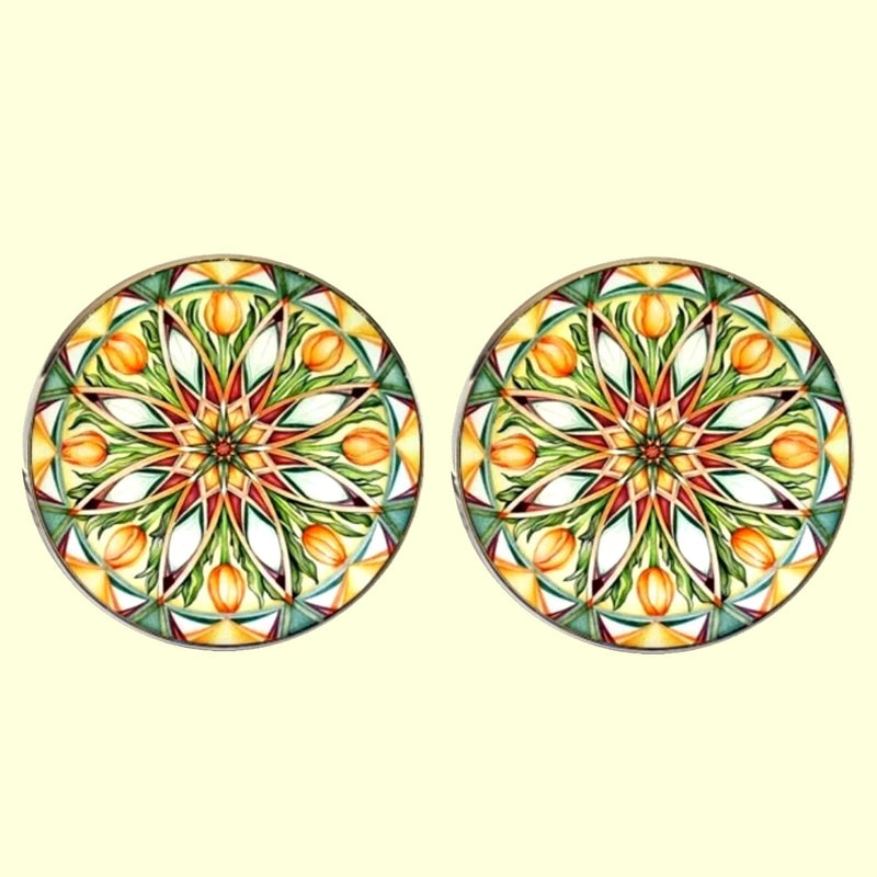 Bassin and Brown Kaleidoscope Flower Spray Cufflinks- Green, White and Orange