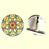 Bassin and Brown Kaleidoscope Flower Spray Cufflinks- Green, White and Orange