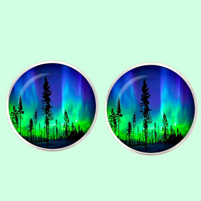 Bassin and Brown Northern Lights and Pine Trees Cufflinks - Blue and Green