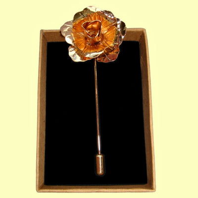 Bassin and Brown Rose Flower Metal Lapel Pin - Vintage Gold