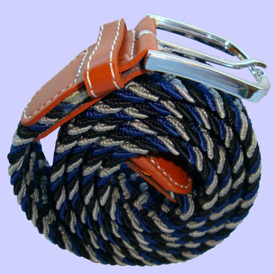 Bassin and Brown Elasticated Woven Belt - Three Colour Stripe - Navy/Blue/Grey