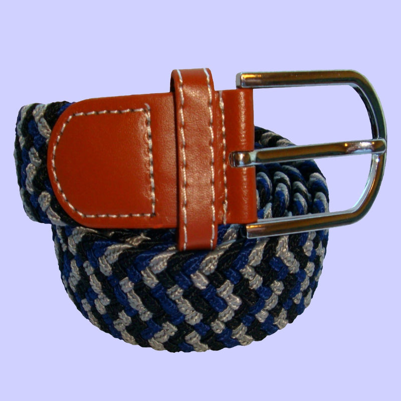 Bassin and Brown Elasticated Woven Belt - Three Colour Stripe - Navy/Blue/Grey