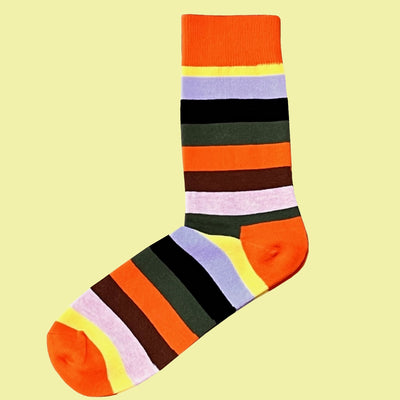 Bassin and Brown Aldway Multi-Coloured Stripe Socks – Orange, Khaki, Black, Lilac, Yellow and Brown Striped Design