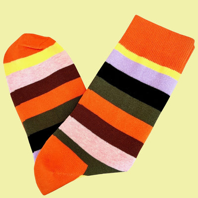 Bassin and Brown Aldway Multi-Coloured Stripe Socks – Orange, Khaki, Black, Lilac, Yellow and Brown Striped Design