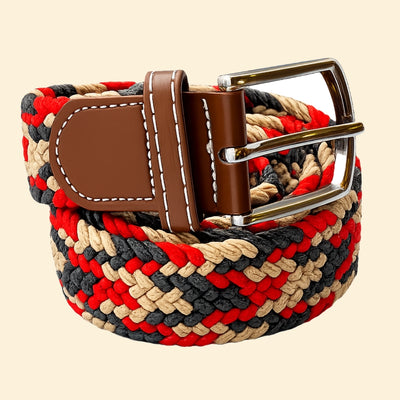 Bassin and Brown Jagged Stripe Woven Belt - Beige, Red and Grey
