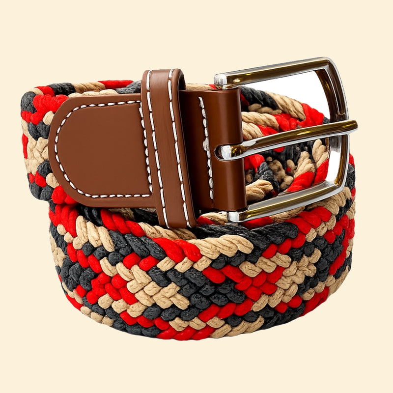 Bassin and Brown Jagged Stripe Woven Belt - Beige, Red and Grey