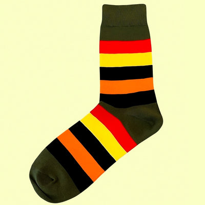 Bassin and Brown Bedelia Multi Medium Stripe Socks - Khaki, Red, Yellow, Black, Orange and Navy