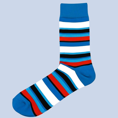 Bassin and Brown Bell Multi‑Striped Cotton Socks in Cornflower Blue, Red, White, Navy and Electric Blue