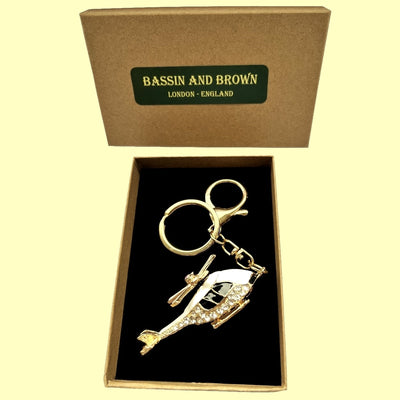 Bassin And Brown Helicopter Rhinestone Keyring - Gold, Black and White
