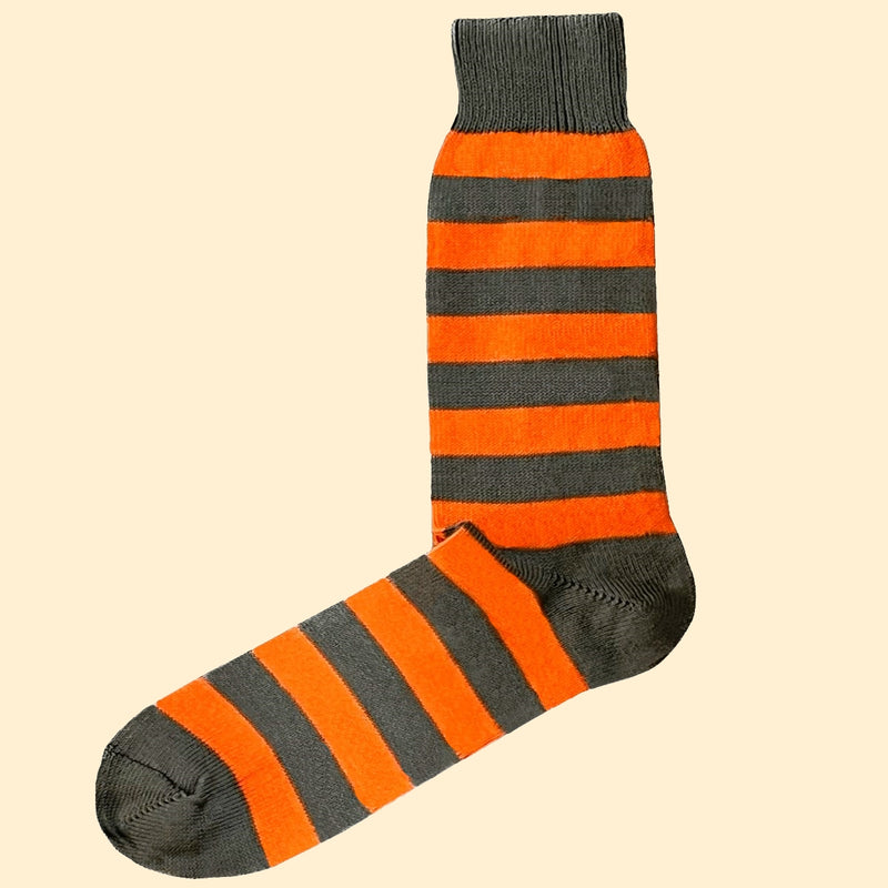 Bassin And Brown Hooped Stripe Cotton Socks - Orange and Khaki