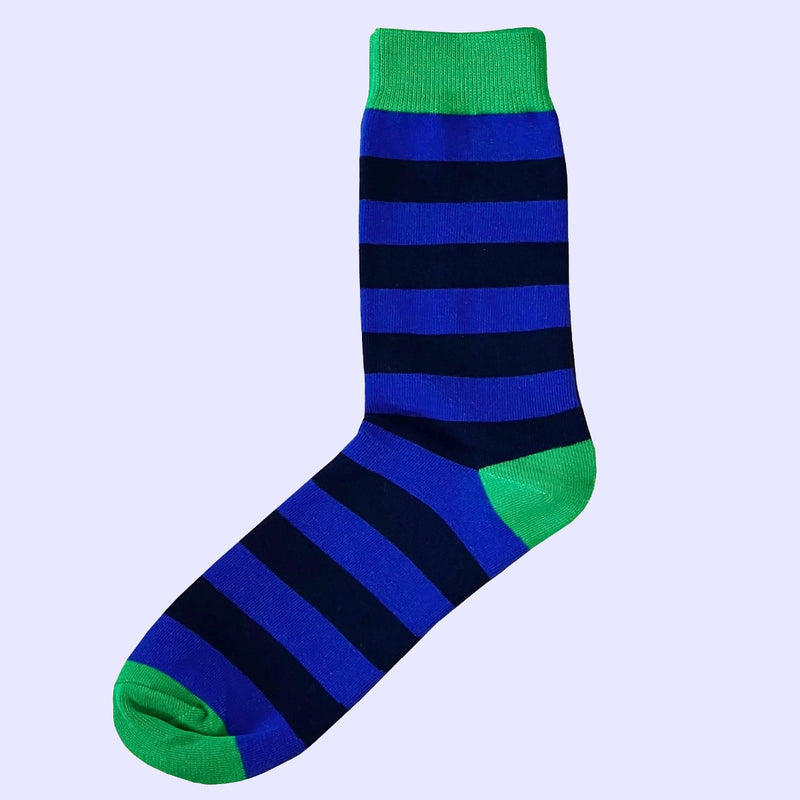 Bassin and Brown Hooped Stripe Socks with Contrasting Heels and Toes - Royal Blue, Navy and Green