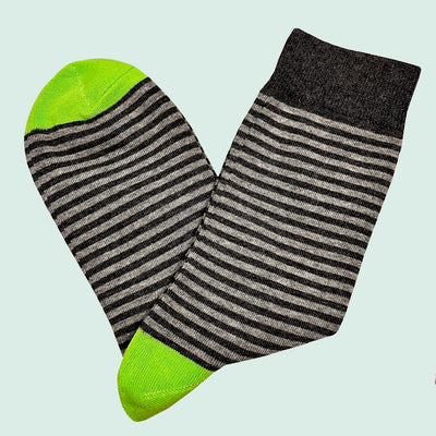 Bassin and Brown Huxley Thin Multi Stripe Socks - Charcoal, Grey and Lime Green