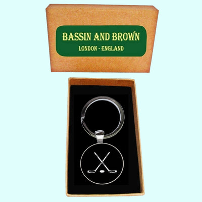 Bassin And Brown Crossed Ice Hockey Sticks Keyring - Black And White
