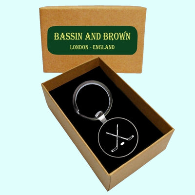 Bassin And Brown Crossed Ice Hockey Sticks Keyring - Black And White