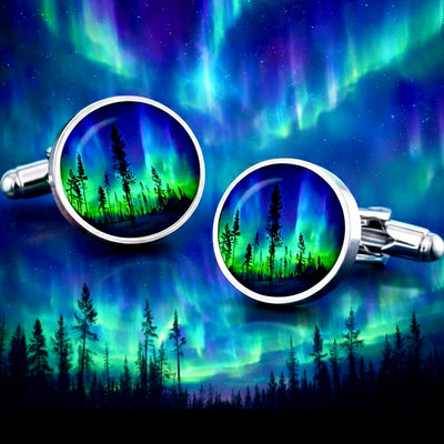 Bassin and Brown Northern Lights and Pine Trees Cufflinks - Blue and Green