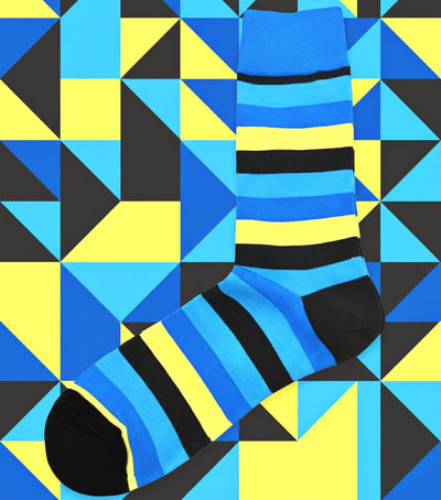 Bassin and Brown Leighton Multi‑Striped Cotton Socks in Royal Blue, Yellow and Black