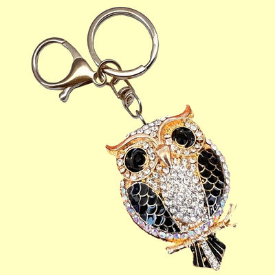 Bassin and Brown Rhinestone Owl Keyring - Gold and Black