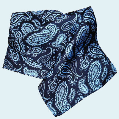 Bassin and Brown Navy and Light Blue Buta Paisley Silk Pocket Square