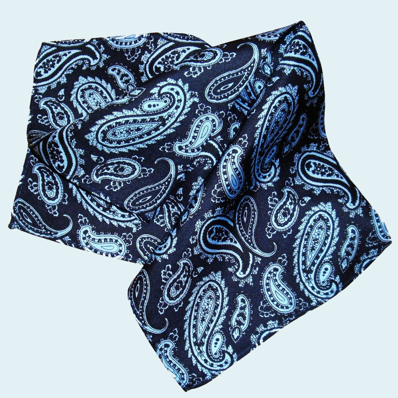 Bassin and Brown Navy and Light Blue Buta Paisley Silk Pocket Square