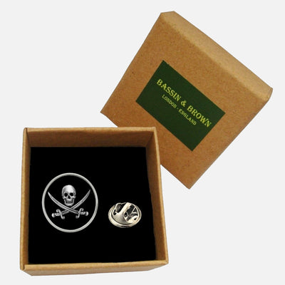 Bassin and Brown Skull and Crossed Swords Lapel Pin – Black and White