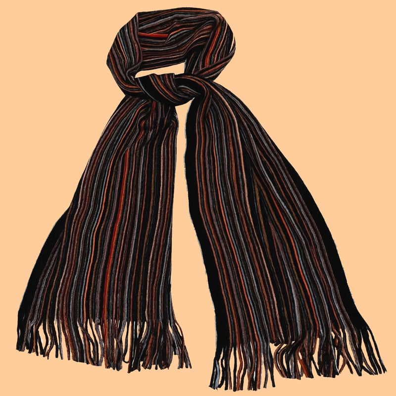 Bassin and Brown Simpson Multi‑Stripe Wool Scarf – Orange, Brown & Grey Detailing