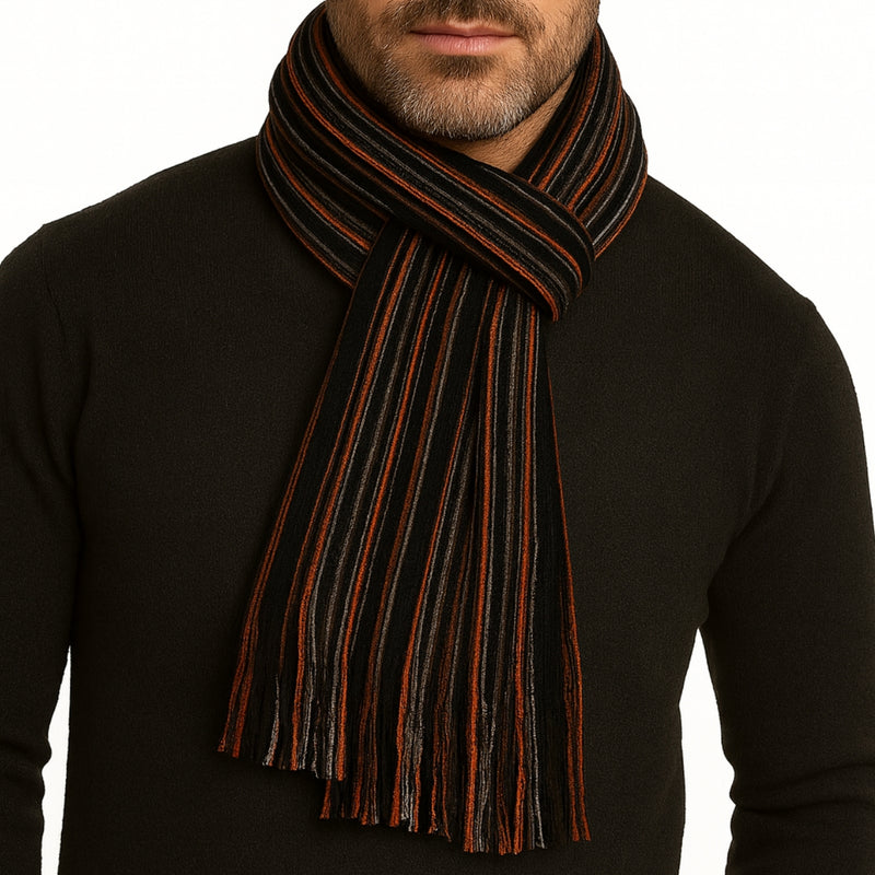 Bassin and Brown Simpson Multi‑Stripe Wool Scarf – Orange, Brown & Grey Detailing