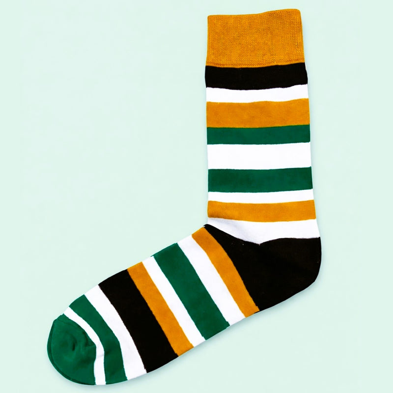 Bassin and Brown Strudwick Multi Striped Cotton Socks – Camel, White, Green and Black