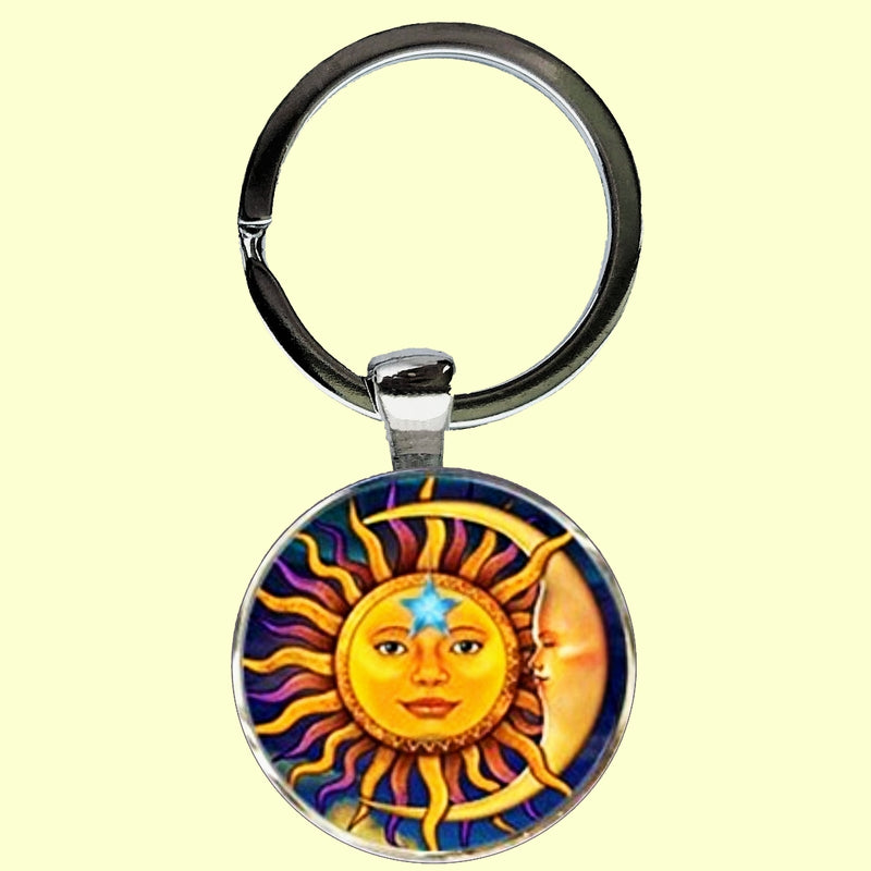 Bassin and Brown Sun Face and Crescent Moon Keyring - Yellow and Blue