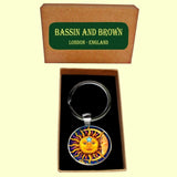 Bassin and Brown Sun Face and Crescent Moon Keyring - Yellow and Blue