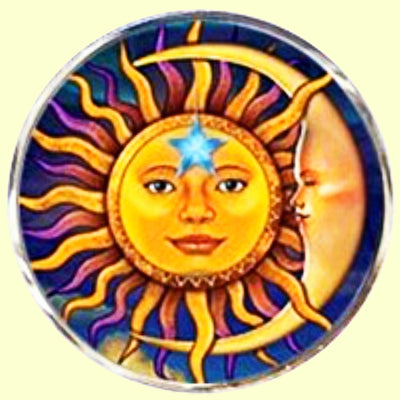 Bassin and Brown Sun Face and Crescent Moon Keyring - Yellow and Blue