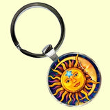 Bassin and Brown Sun Face and Crescent Moon Keyring - Yellow and Blue