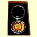 Bassin and Brown Sun Face and Crescent Moon Keyring - Yellow and Blue