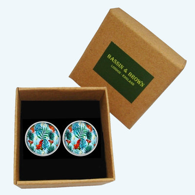 Bassin and Brown Exotic Flowers and Leaves Cufflinks  - Blue, Red and Green