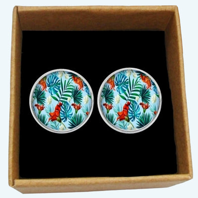 Bassin and Brown Exotic Flowers and Leaves Cufflinks  - Blue, Red and Green
