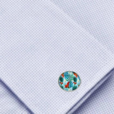 Bassin and Brown Exotic Flowers and Leaves Cufflinks  - Blue, Red and Green