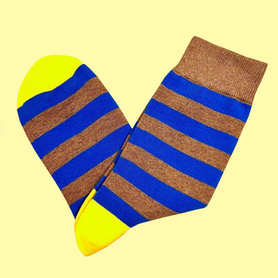 Bassin and Brown Tathame Hooped Striped Socks - Oatmeal, Electric Blue and Yellow